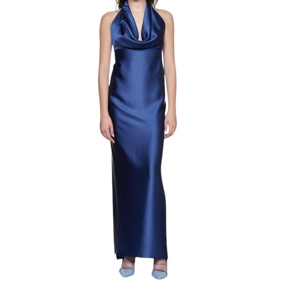 Blanca Vita Satin Blue Halter Maxi Formal Dress - Picture 2 of 8